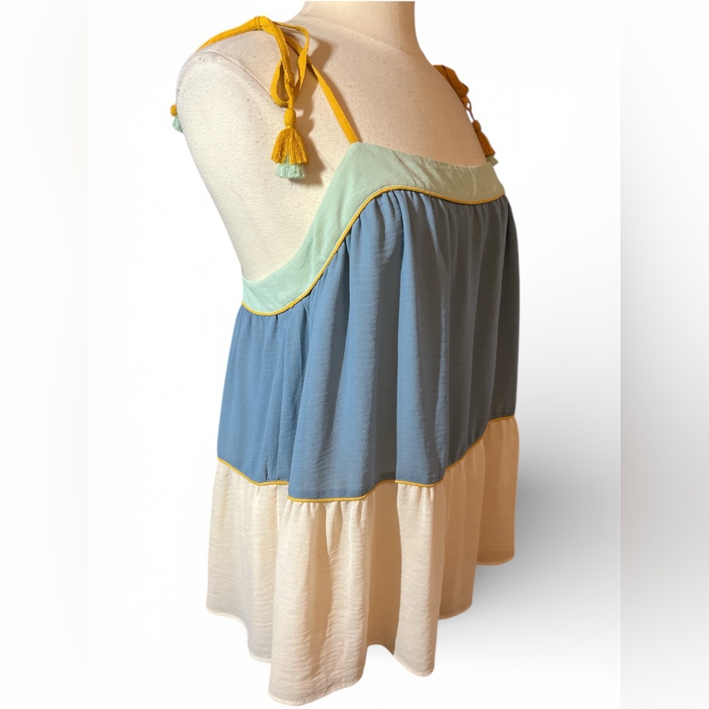 LOFT Sky Blue Cream Mustard Yellow Mint Green Colorblock Peplum Camisole Tank L - Picture 4 of 11